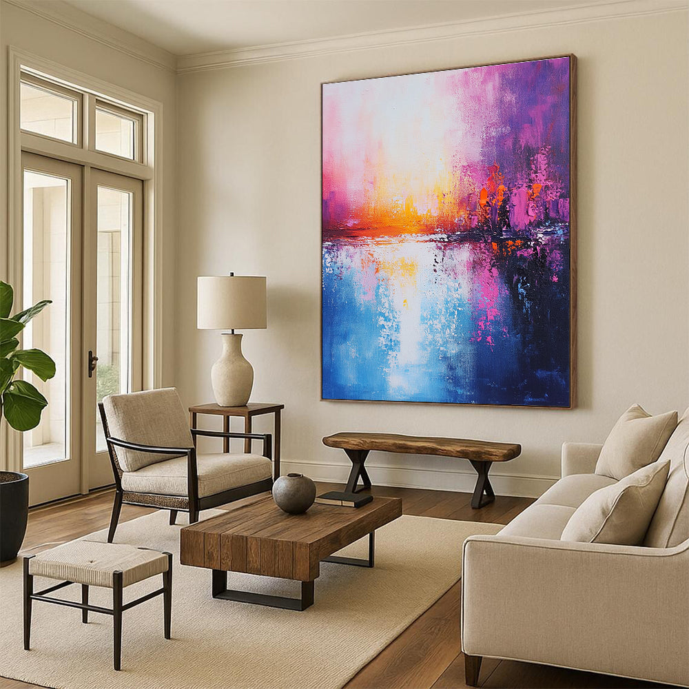 Large Abstract Painting of a tranquil ocean in pink blue and purple tones with a sunset warm cool palette and detailed brushstrokes on canvas.STSC265