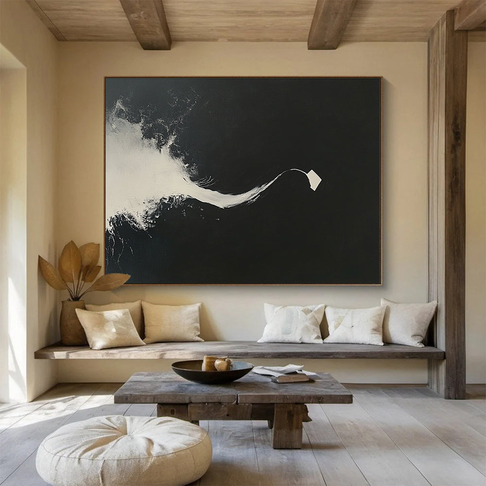 Large abstract painting features white brush strokes on a black background highlighting a curved line and a single floating paper piece.SC096