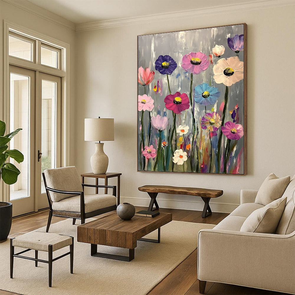 A large abstract painting featuring vibrant pink purple blue and white flowers against a gray background in the style of Claude Monet.STSC1033