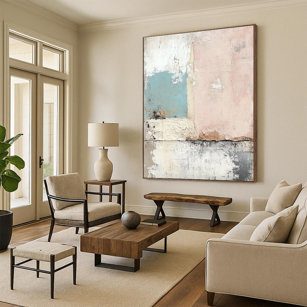 Large abstract painting featuring a weathered wall in soft pastels with a nostalgic texture reminiscent of vintage wallpaper.STSC657