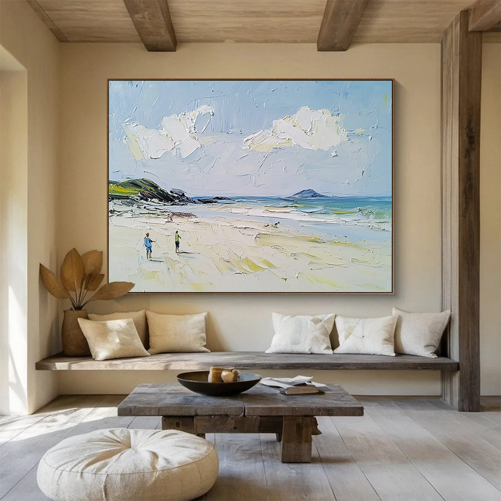 Beach Scene with Figures Textured Abstract Painting with Light Blues DYP596