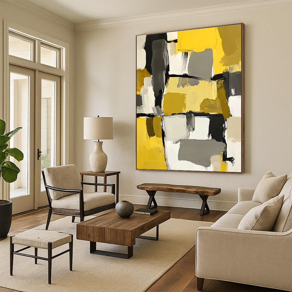 Yellow Gray Black and White Abstract Painting with Geometric Shapes GER646