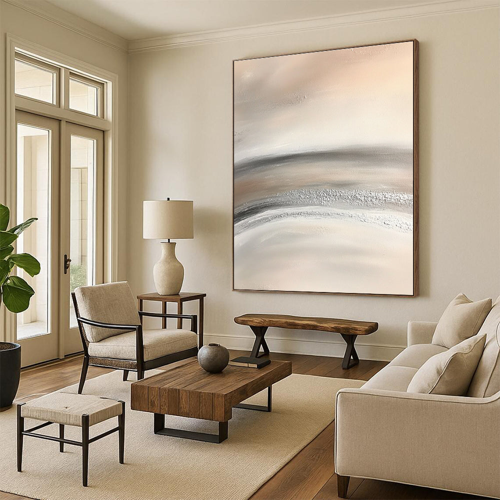 Abstract painting featuring soft gray and white striped desert sand with silver dust conveying serenity and tranquility through minimalist design.STSC949
