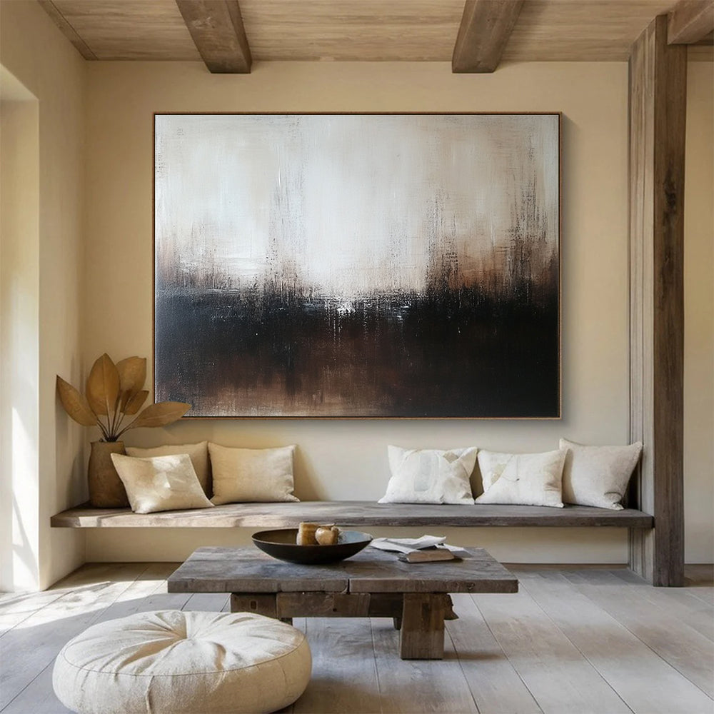 Large abstract painting in dark brown and white with neutral tones on wood panel features blurred edges and intricate details in minimalist style.SC057