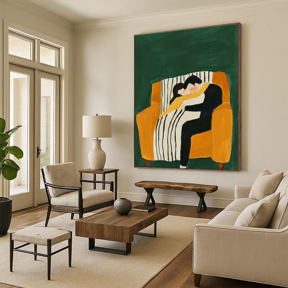 An abstract gouache illustration featuring a couple cuddling on an armchair with a striped blanket against a vibrant green background.STSC1054