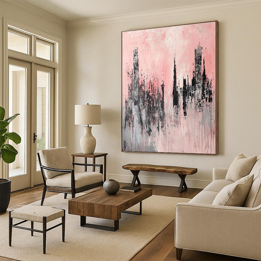 Large abstract painting of skyscrapers featuring light pink and grey colors with soft brush strokes in a modern urban landscape style.STSC331