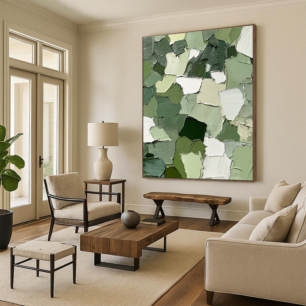 Green and White Patchwork Abstract Painting with Thick Brushstrokes GER043