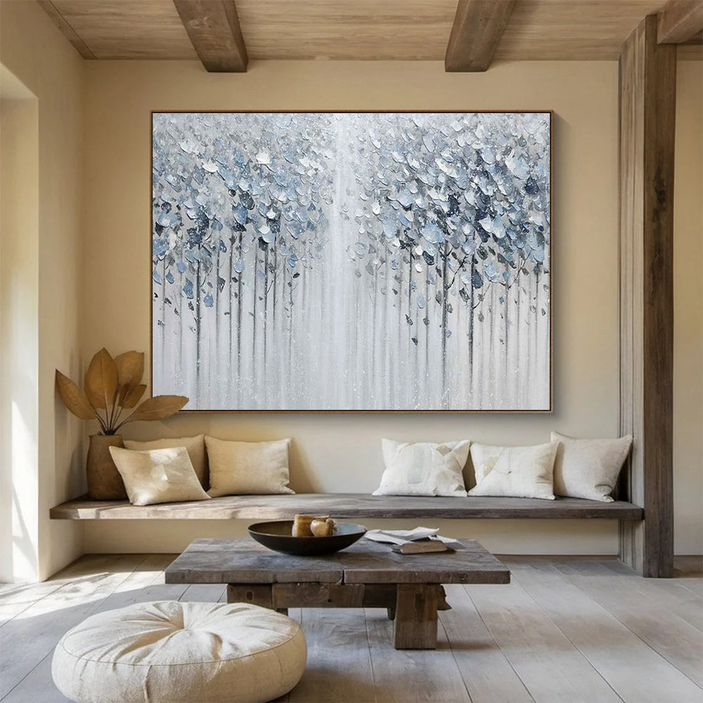 Silver Forest Abstract Painting with Metallic and Neutral Tones THY274