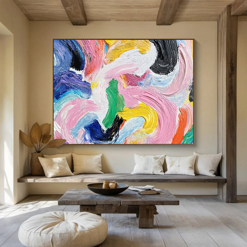 A large abstract painting with vibrant swirls of color and bold shapes, featuring a graceful silhouette of a woman with a high ponytail.SC436