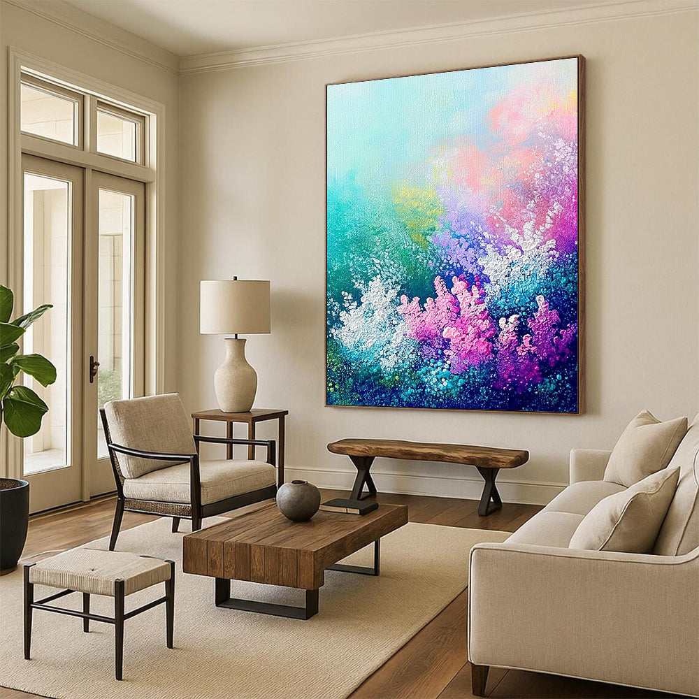 Large abstract painting of an underwater garden featuring vibrant coral sea flowers and plants in soft pastel hues.STSC1119
