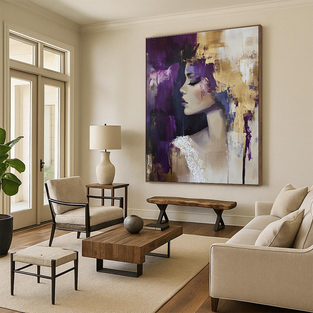 Abstract oil painting featuring a woman in a Hunkemöller lace top with gold accents against a dark gold foil background in beige and purple hues.STSC177