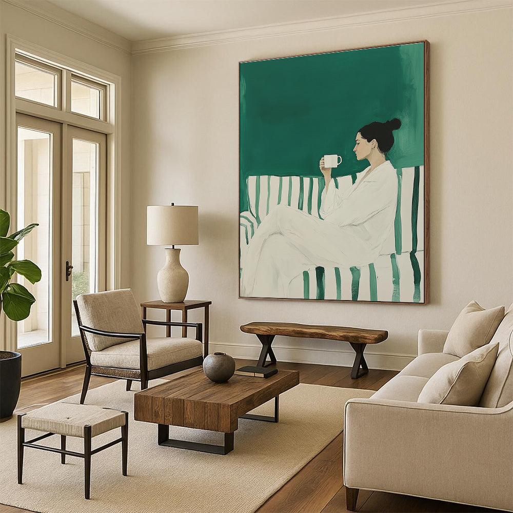 Large abstract painting featuring a woman in a white robe on a striped sofa holding a coffee mug against a green background.STSC1494