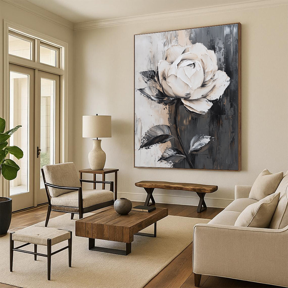 Large abstract white rose painting with exquisite details on gray background featuring elegant lines and stunning light effects in luxurious colors.STSC522