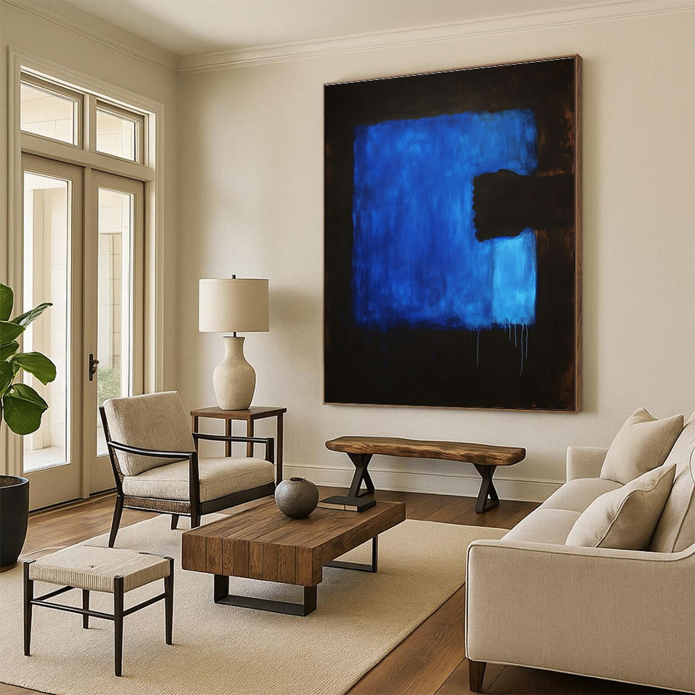 Large abstract painting featuring a dark blue background and a blue foreground, creating a striking visual depth and emotional resonance.STSC1313