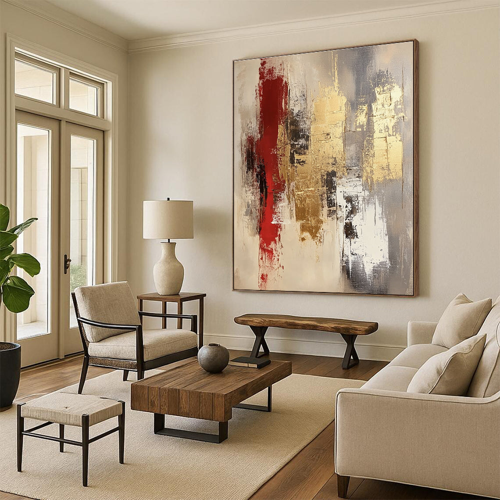 Red Gold and Gray Abstract Painting with Opulent Textures GER674