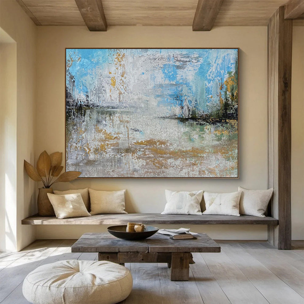 Lake View Abstract Painting with Blue Gray and Gold Reflections THY348