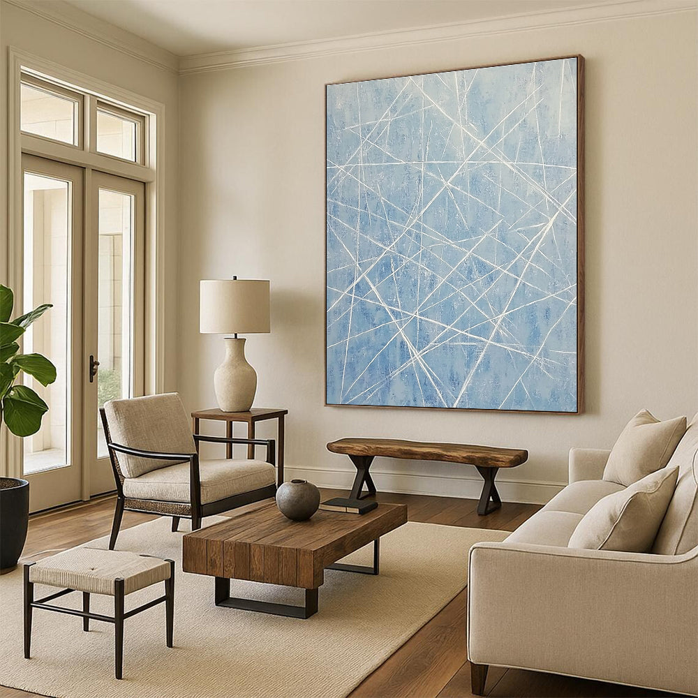 Large abstract painting of light blue and white lines resembling an icy landscape with vertical lines and frozen icicle-like formations.STSC316