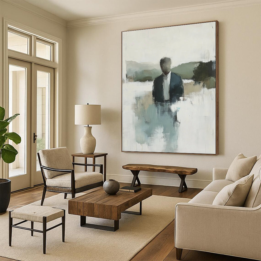Abstract painting featuring a hazy landscape with soft tones of blue green and grey water in the foreground and hills in the background.STSC861