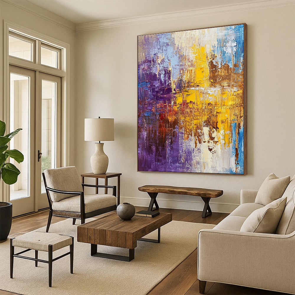 Purple Yellow and Blue Abstract Painting with Textured Layers GER481