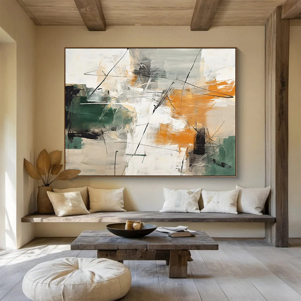 Green Orange and Grey Multi - colored Abstract Painting THY099