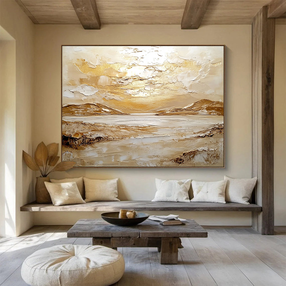 Large abstract painting inspired by Scottish Highlands featuring textured oil, golden light, endless sea, and distant mountains in soft white and beige hues.SC482