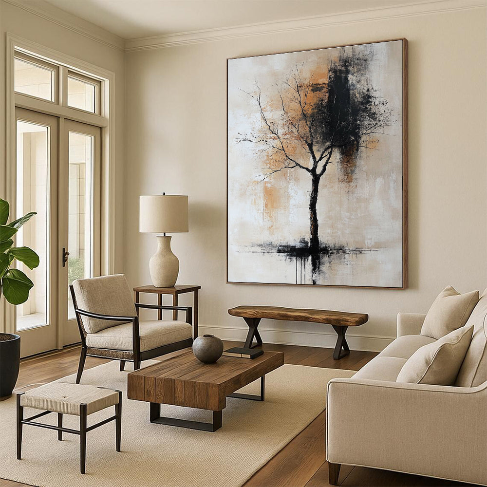 Large abstract painting in neutral gray beige and black hues reminiscent of vintage oil art. Perfect for contemporary decor.STSC837
