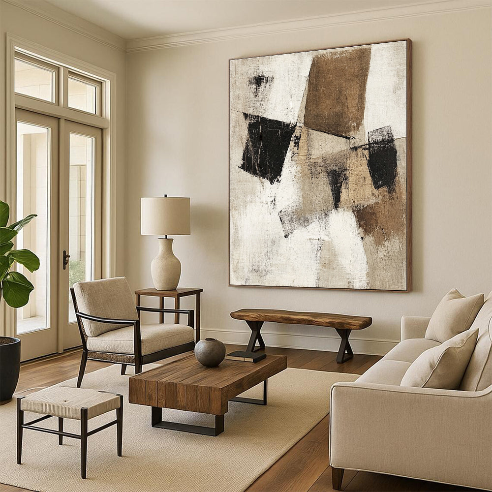 Beige Black Abstract Painting with Geometric Forms GER802