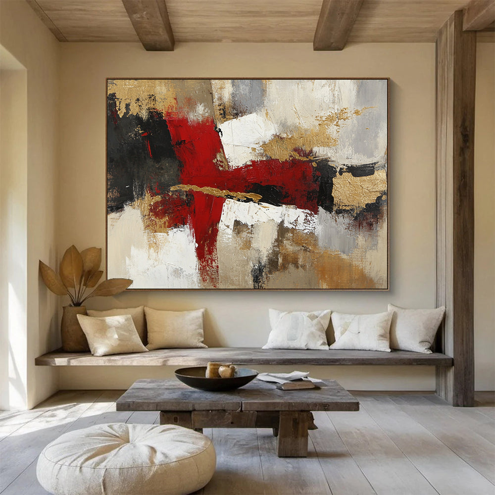 A large abstract painting with red white and brown tones featuring organic layers textures and a blend of realism and abstraction.SC381