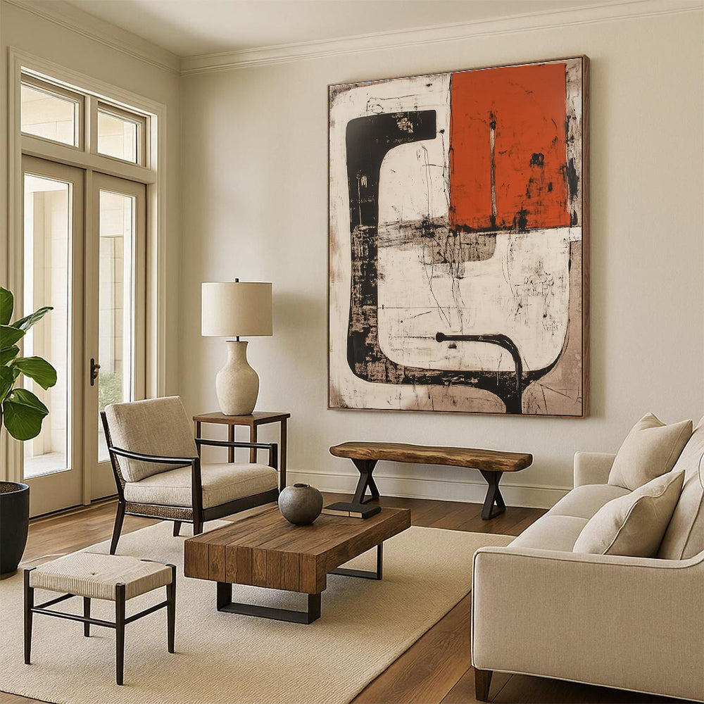 Abstract artwork in white and red featuring collage shapes lines black pipes and an orange rectangle with a silhouette on a light brown ink wash background.STSC845