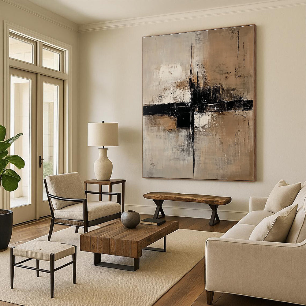 Large abstract painting featuring neutral tones of beige and white with black accents and large vertical lines on a dark gray background.STSC238