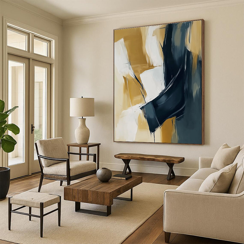 Gold White Black Abstract Painting with Dynamic Interactions GER805