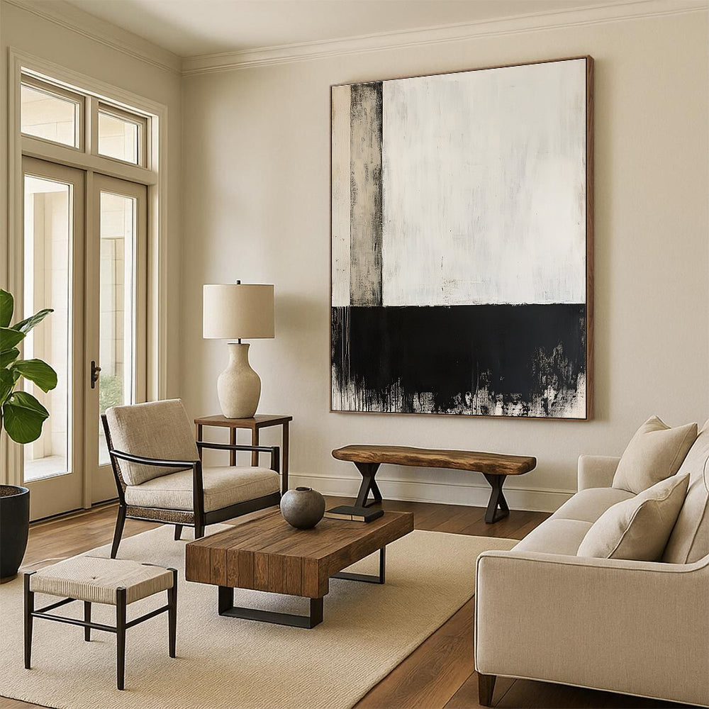Large abstract painting in black and white features a single vertical line with gray and darker blocks below on an off-white background.STSC235