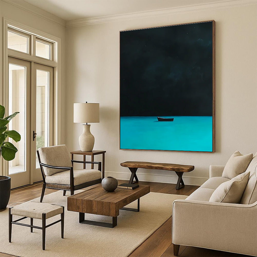 A large abstract painting depicting a distant boat on turquoise waters under a night sky inspired by David Hockney's style.STSC1198
