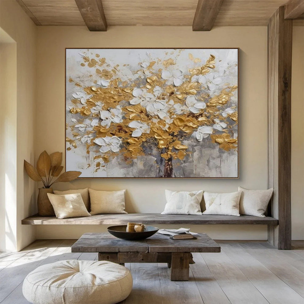 Gold and White Floral Abstract Painting with Textured Blossoms THY246