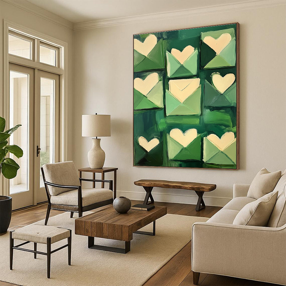 Abstract painting of green envelopes with love letters in shades of emerald and soft pink creating a romantic impressionist atmosphere.STSC1391