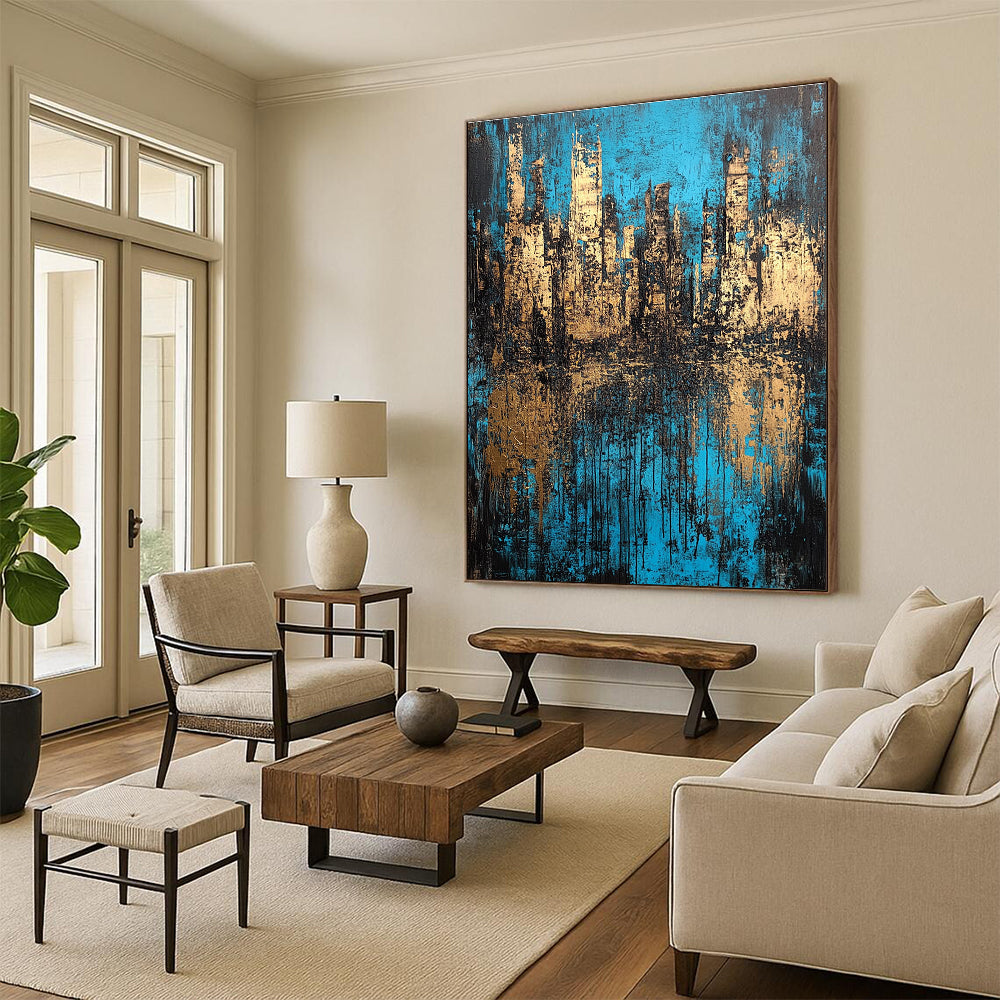 Large abstract painting of an underwater city in deep blue and brown tones with a richly textured canvas.STSC152