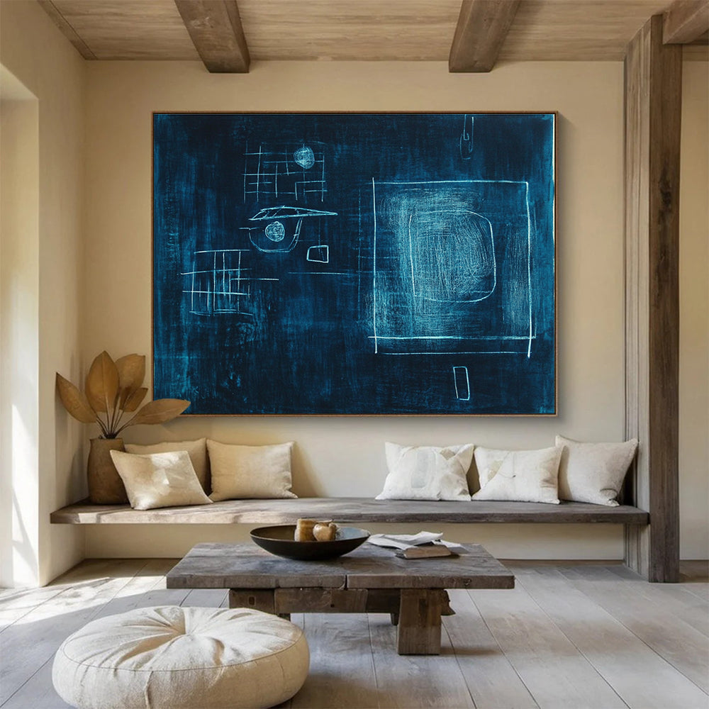 Large abstract painting in dark blue with glowing light and shapes, inspired by Paul Klee, featuring a dreamy atmosphere and bold lines.SC348