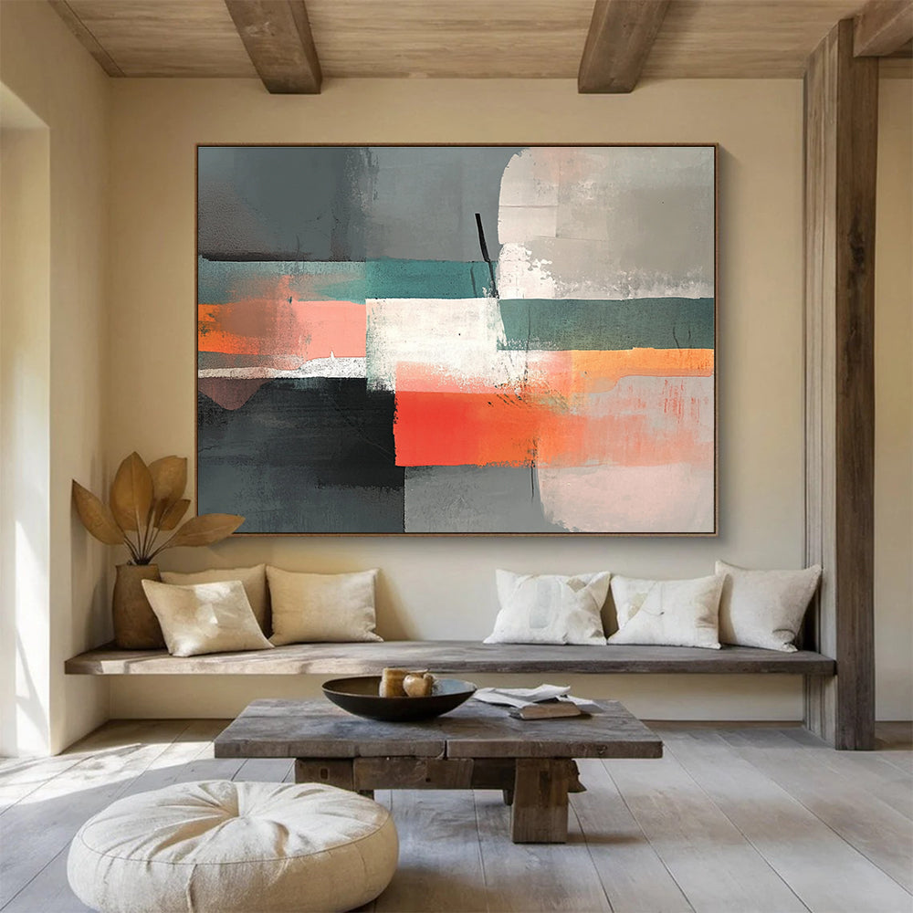 A large abstract painting featuring gray, peach, and teal colors with collage elements and low contrast for a serene atmosphere.SC374