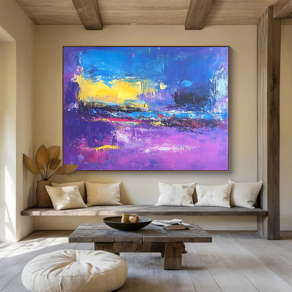 Large abstract painting depicting a violet and blue landscape inspired by Richard Diebenkorn's style.SC044