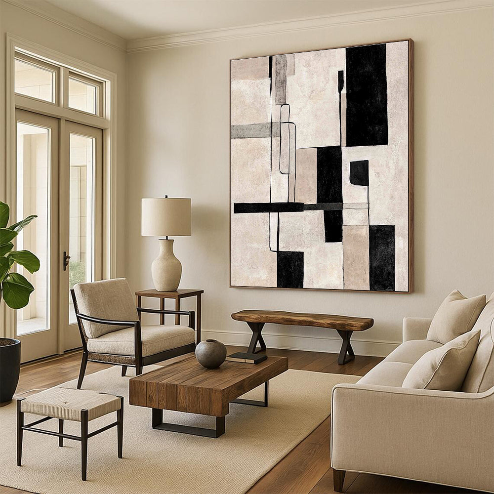 Monochromatic Geometric Abstract with Black, White, and Beige GER322