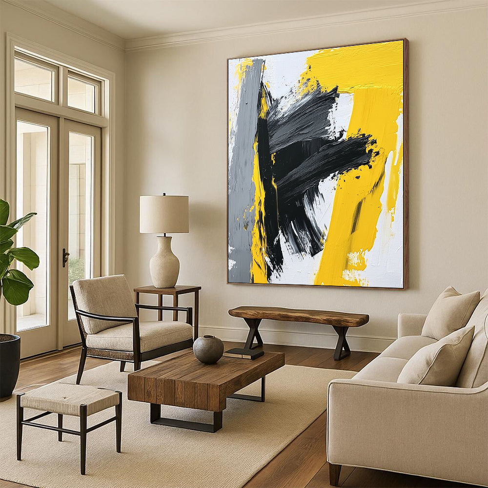 Yellow Gray and Black Abstract Painting with Bold Strokes GER412