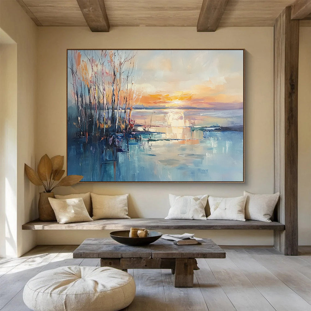 Sunset Lake with Bare Trees Abstract Landscape Painting DYP292