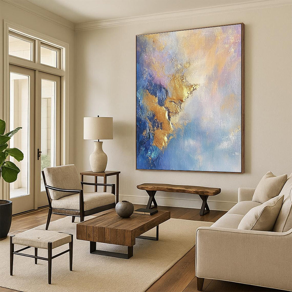Blue and Gold Abstract Painting with Textured Surfaces GER625