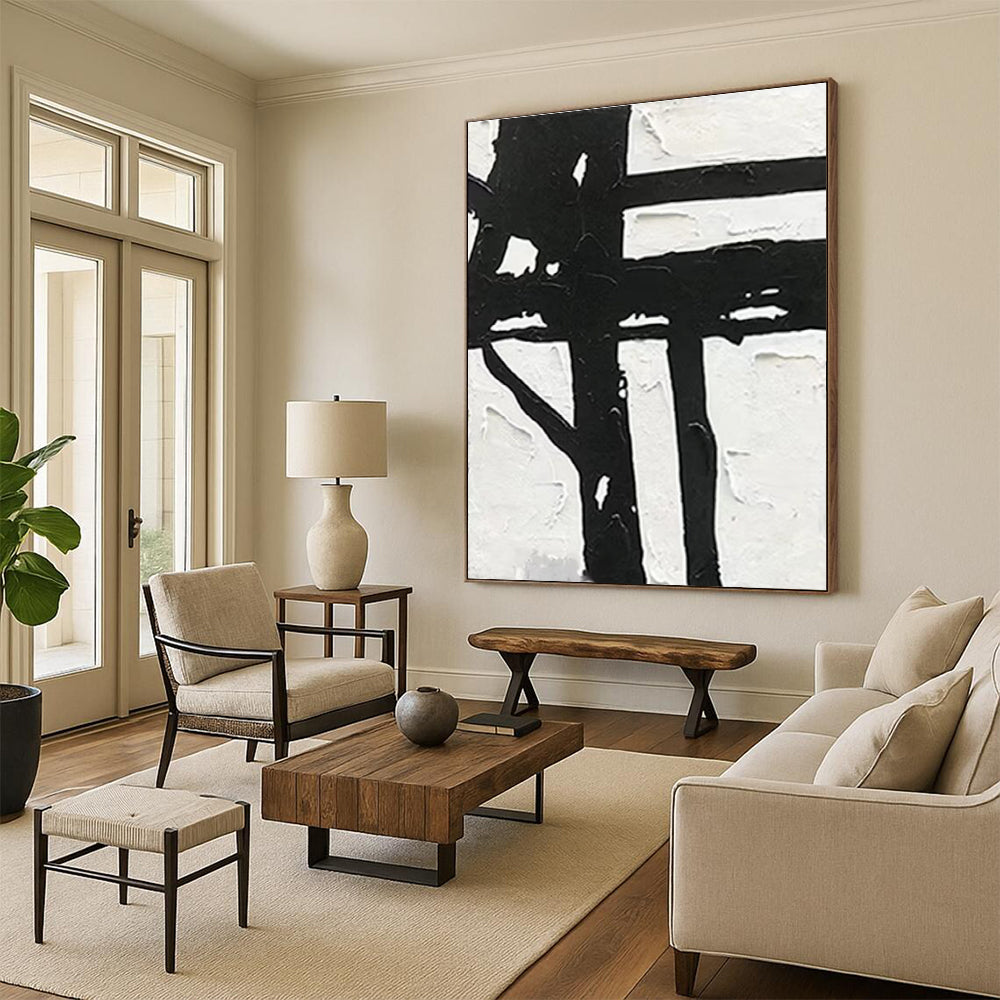 Bold Black and White Abstract Painting with Strong Forms ADGE148
