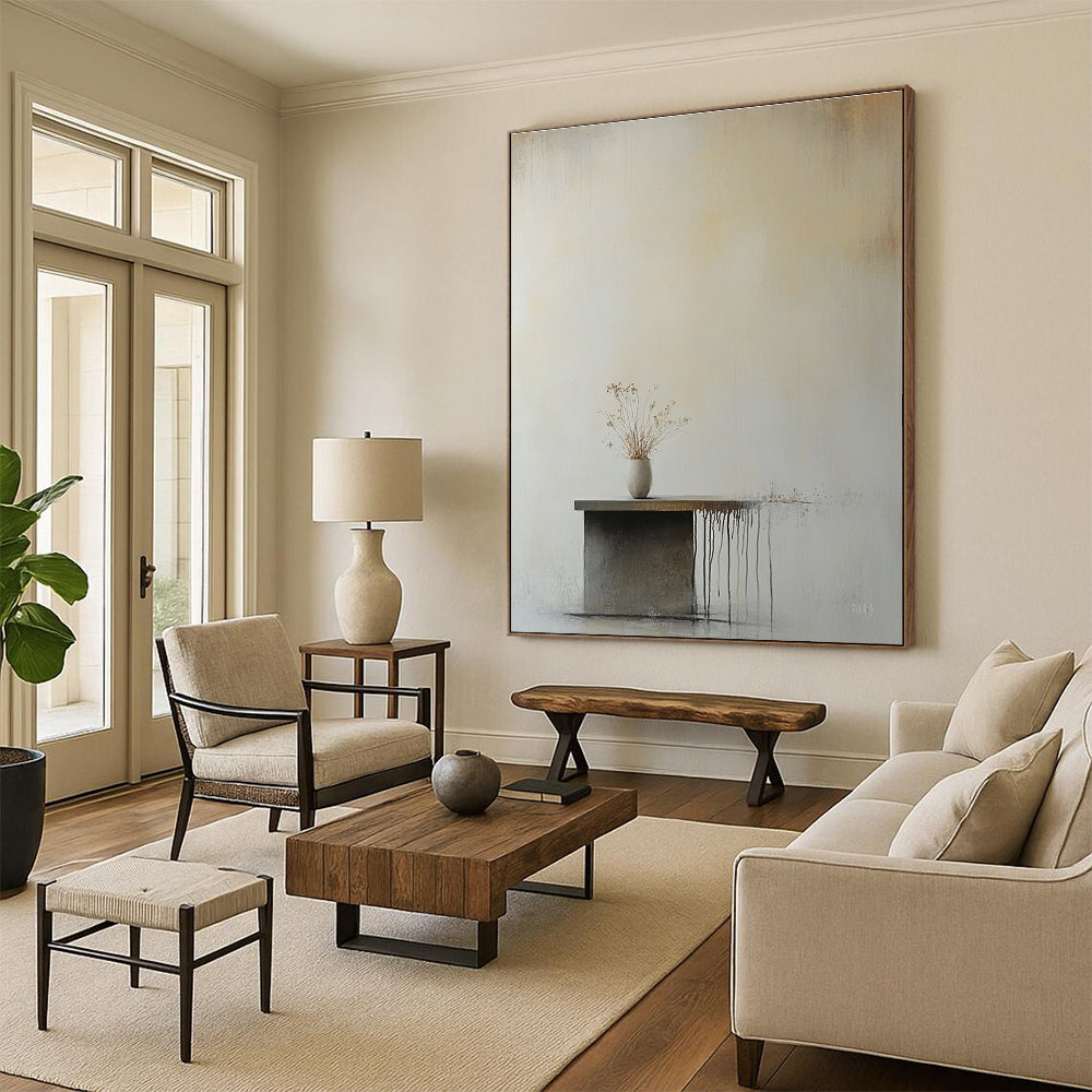 Abstract painting of an empty wall featuring a small table and flower vase in soft beige and gray tones with minimalist aesthetic.STSC641