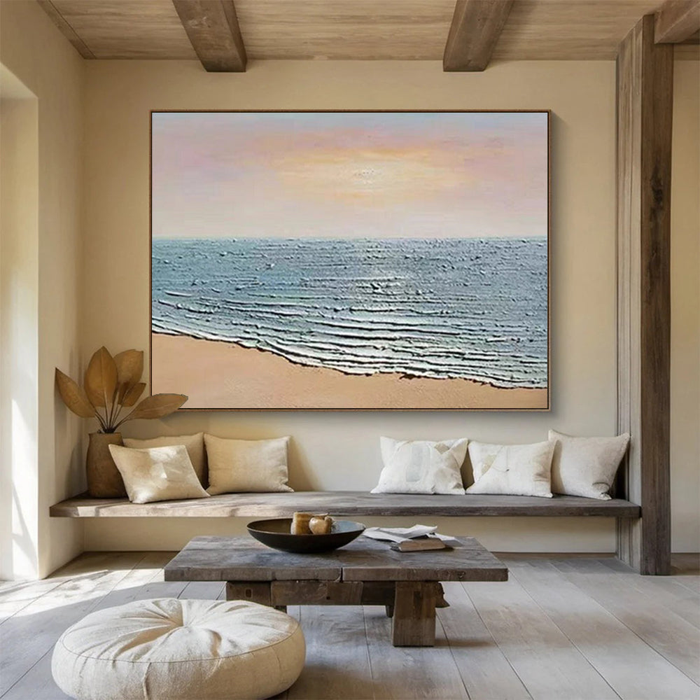 Textured Sea Shore Abstract Painting with Blue, White, and Brown Tones THY184