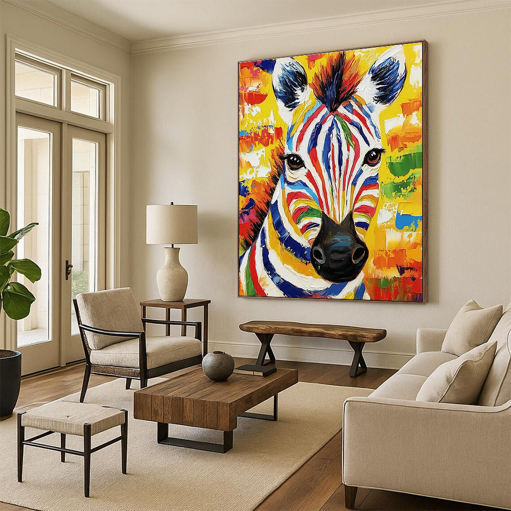 This large abstract painting features a vibrant zebra portrait in bold colors and thick brush strokes, radiating lively expression and natural light.STSC975