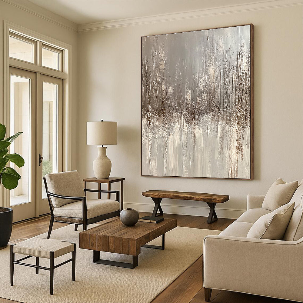 Textured Gray and Beige Abstract Painting with Dripping Effects GER247