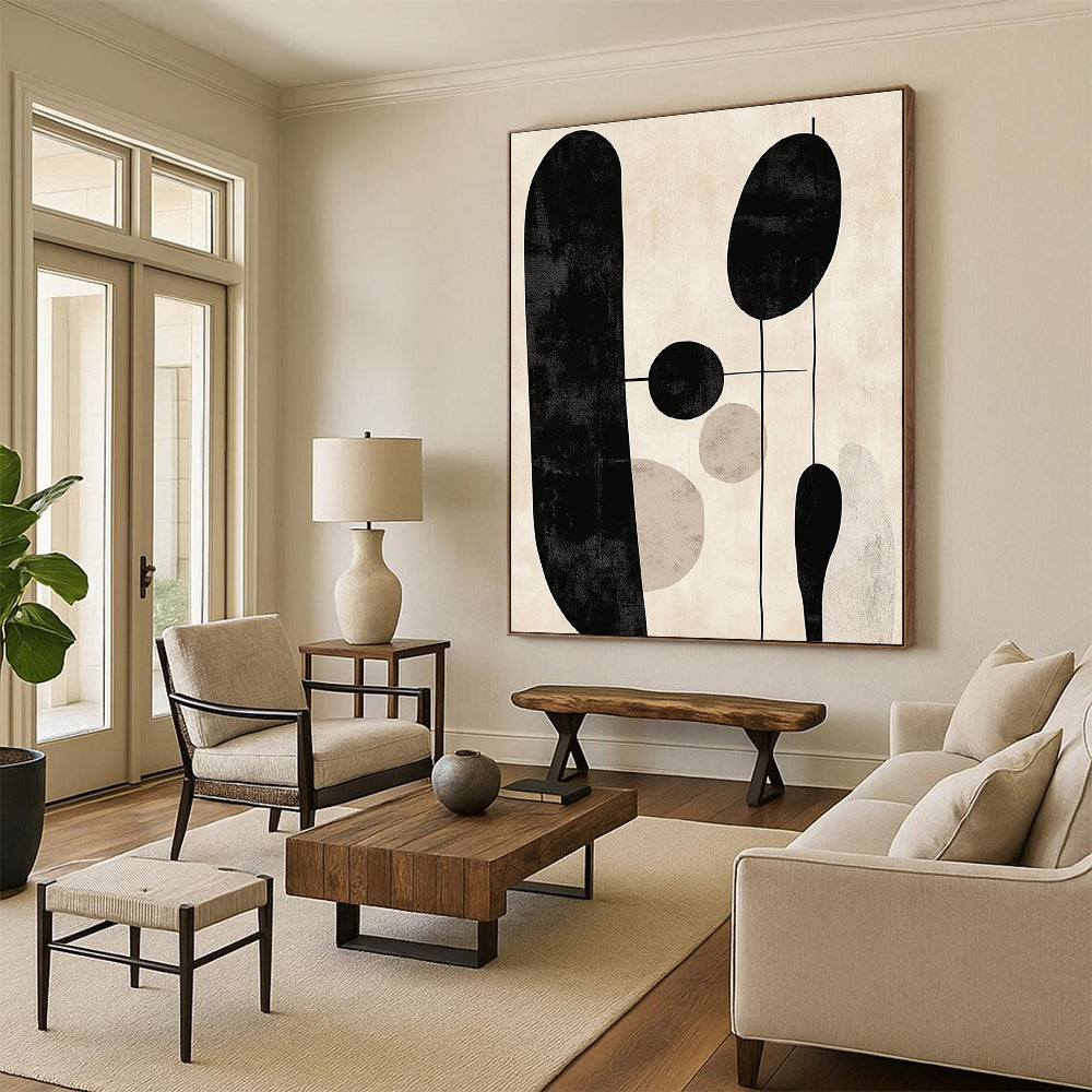 Large abstract artwork features minimalist black and white line art against a beige background with muted colors.STSC1330