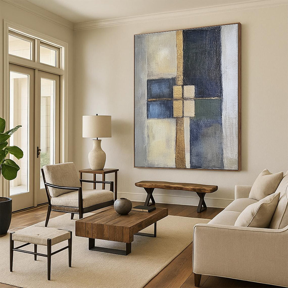 Blue Gold Abstract Painting with Structured Forms GER814